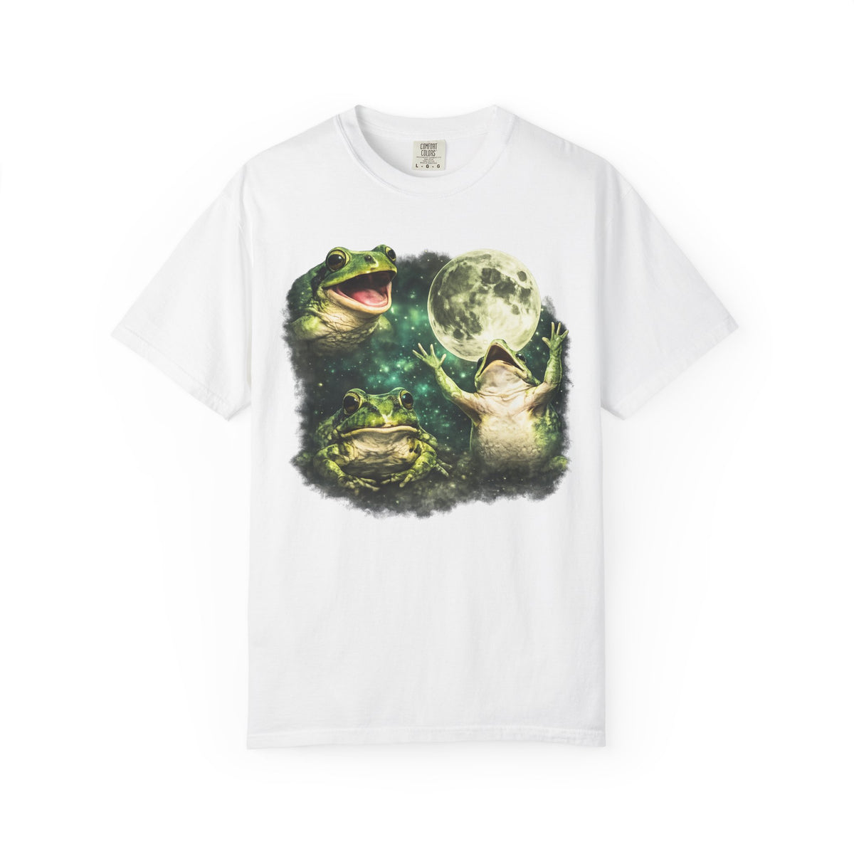 Funny three frogs howling at the moon graphic tee — cosmic parody design on washed vintage black cotton. Oversized fit. Free US & EU shipping.