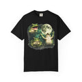 Funny three frogs howling at the moon graphic tee — cosmic parody design on washed vintage black cotton. Oversized fit. Free US & EU shipping.