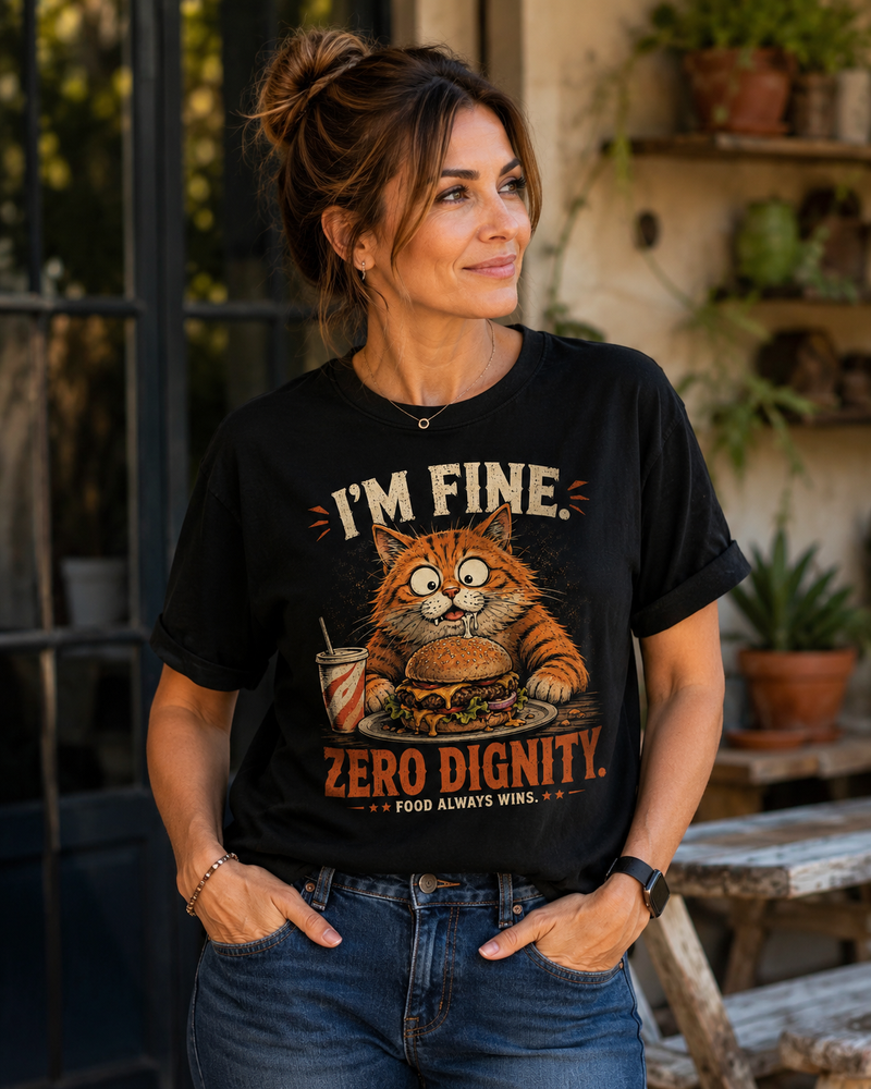 Woman wearing funny orange cat graphic t-shirt with "I'm Fine Zero Dignity Food Always Wins" text and cartoon cat eating a burger, vintage print on black premium cotton unisex tee