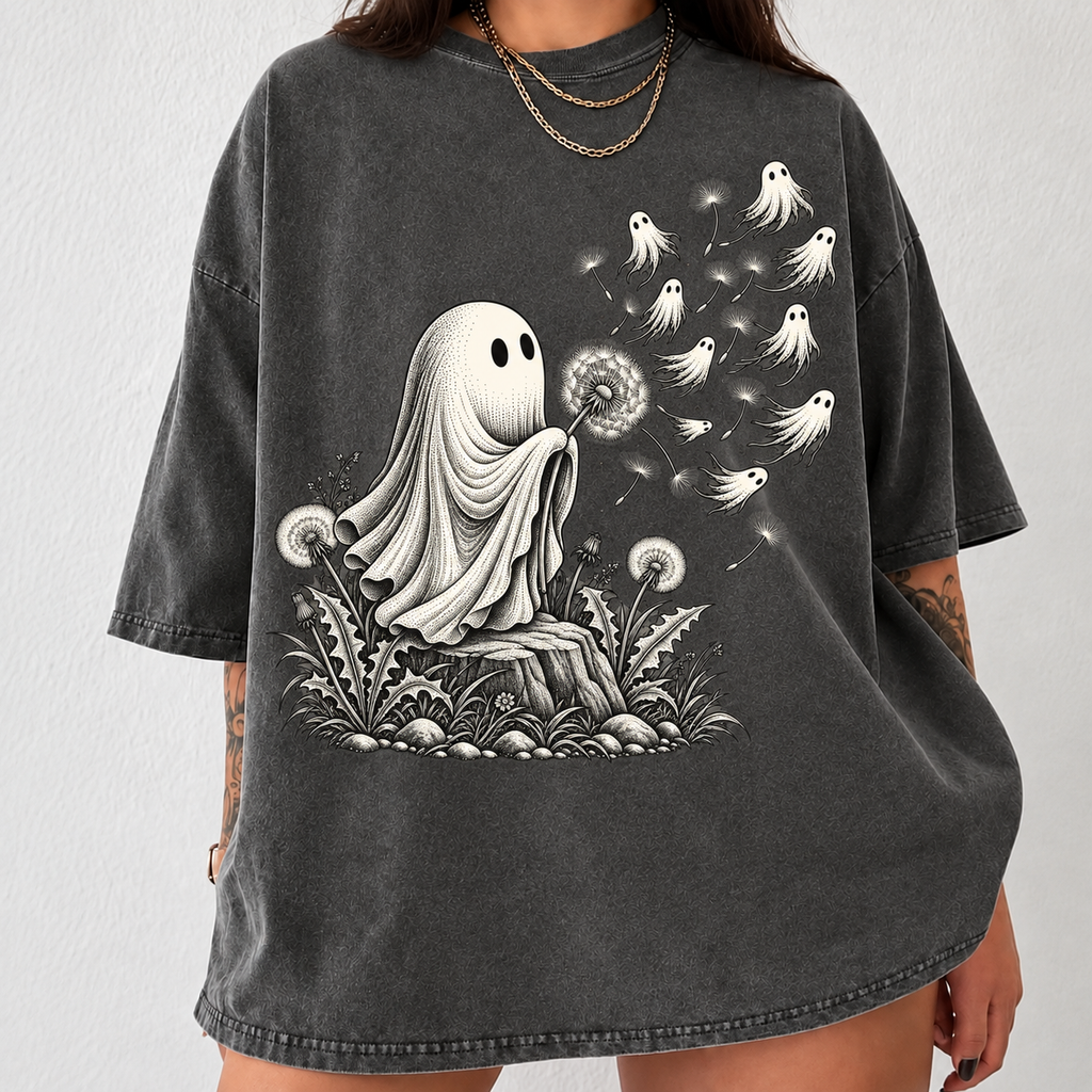 Ghost Dandelion Shirt, Spooky Floral Graphic Tee, Vintage Botanical Halloween T-Shirt, Whimsical Ghost Gift