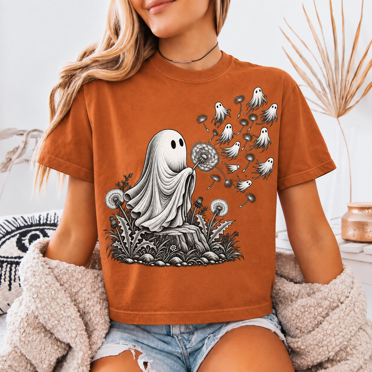 Ghost Dandelion Shirt, Spooky Floral Graphic Tee, Vintage Botanical Halloween T-Shirt, Whimsical Ghost Gift