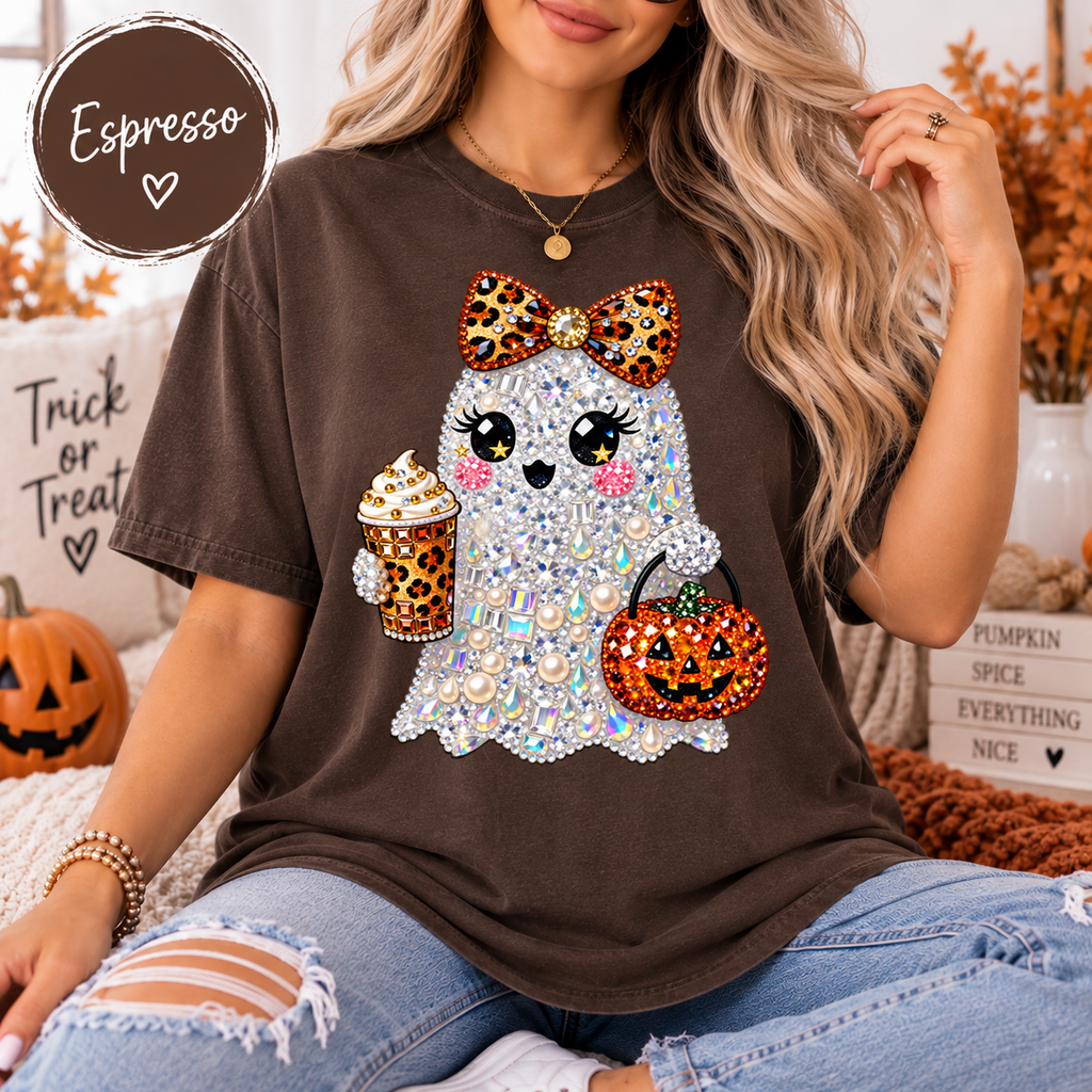 Halloween Ghost Shirt, Sparkly Leopard Bow Tee, Pumpkin Spice Coffee Graphic T-Shirt, Cute Spooky Season Top, Fall Gift for Her