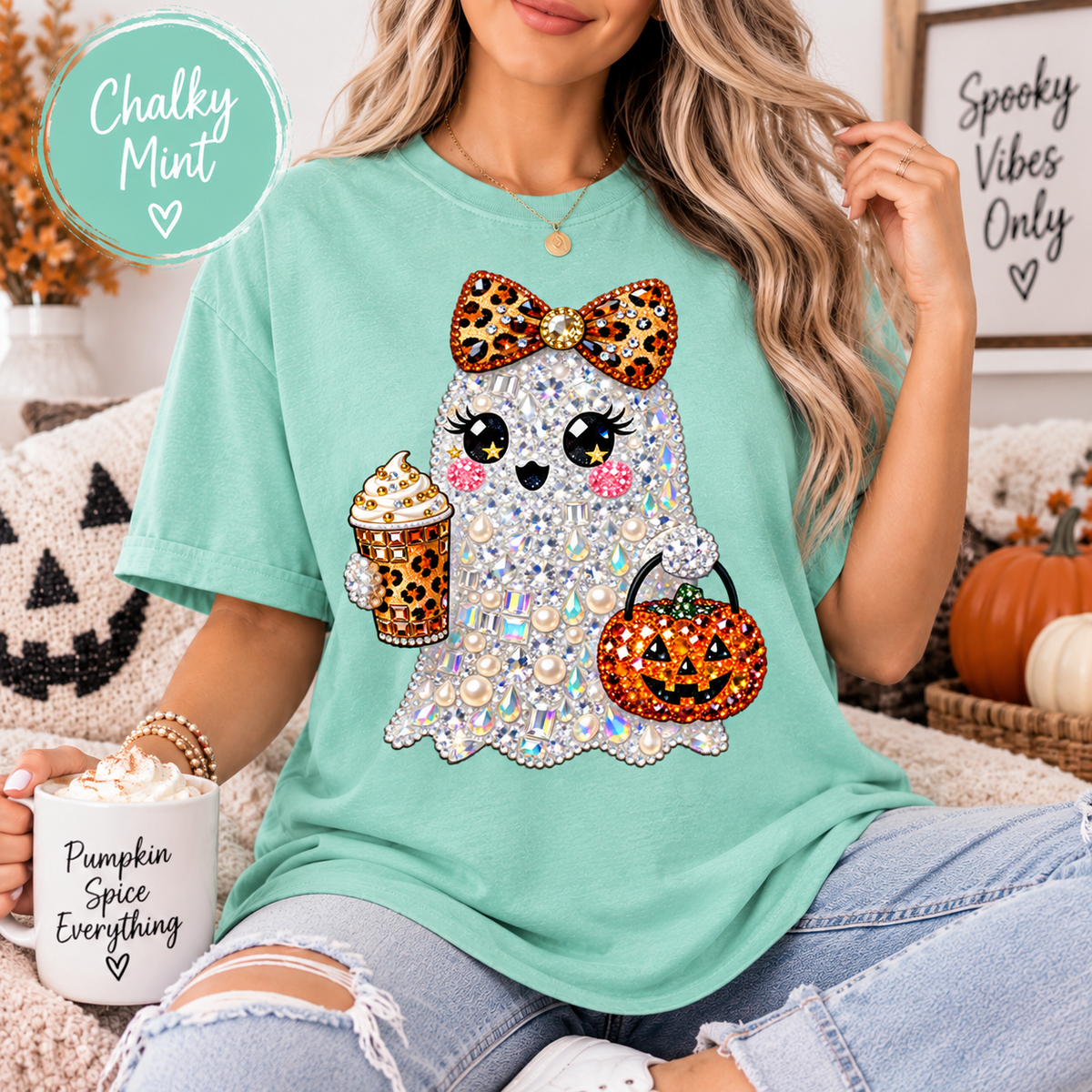 Halloween Ghost Shirt, Sparkly Leopard Bow Tee, Pumpkin Spice Coffee Graphic T-Shirt, Cute Spooky Season Top, Fall Gift for Her