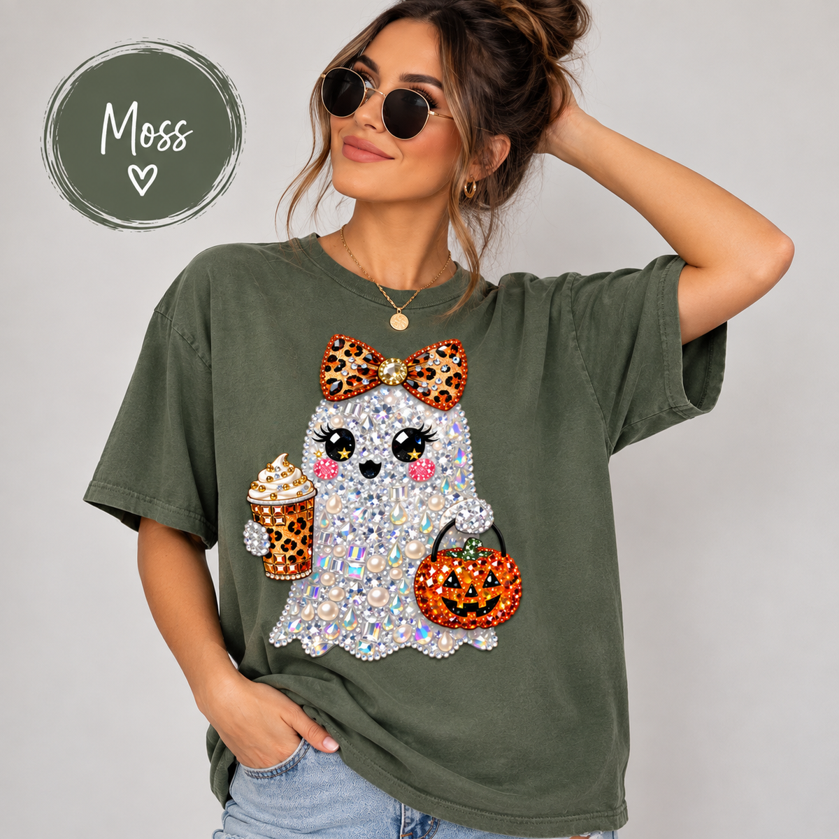 Halloween Ghost Shirt, Sparkly Leopard Bow Tee, Pumpkin Spice Coffee Graphic T-Shirt, Cute Spooky Season Top, Fall Gift for Her