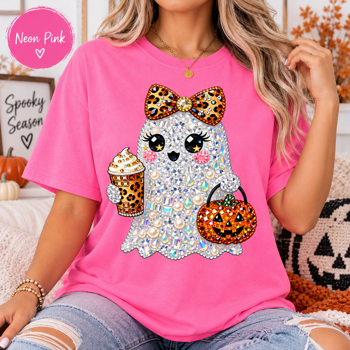 Halloween Ghost Shirt, Sparkly Leopard Bow Tee, Pumpkin Spice Coffee Graphic T-Shirt, Cute Spooky Season Top, Fall Gift for Her