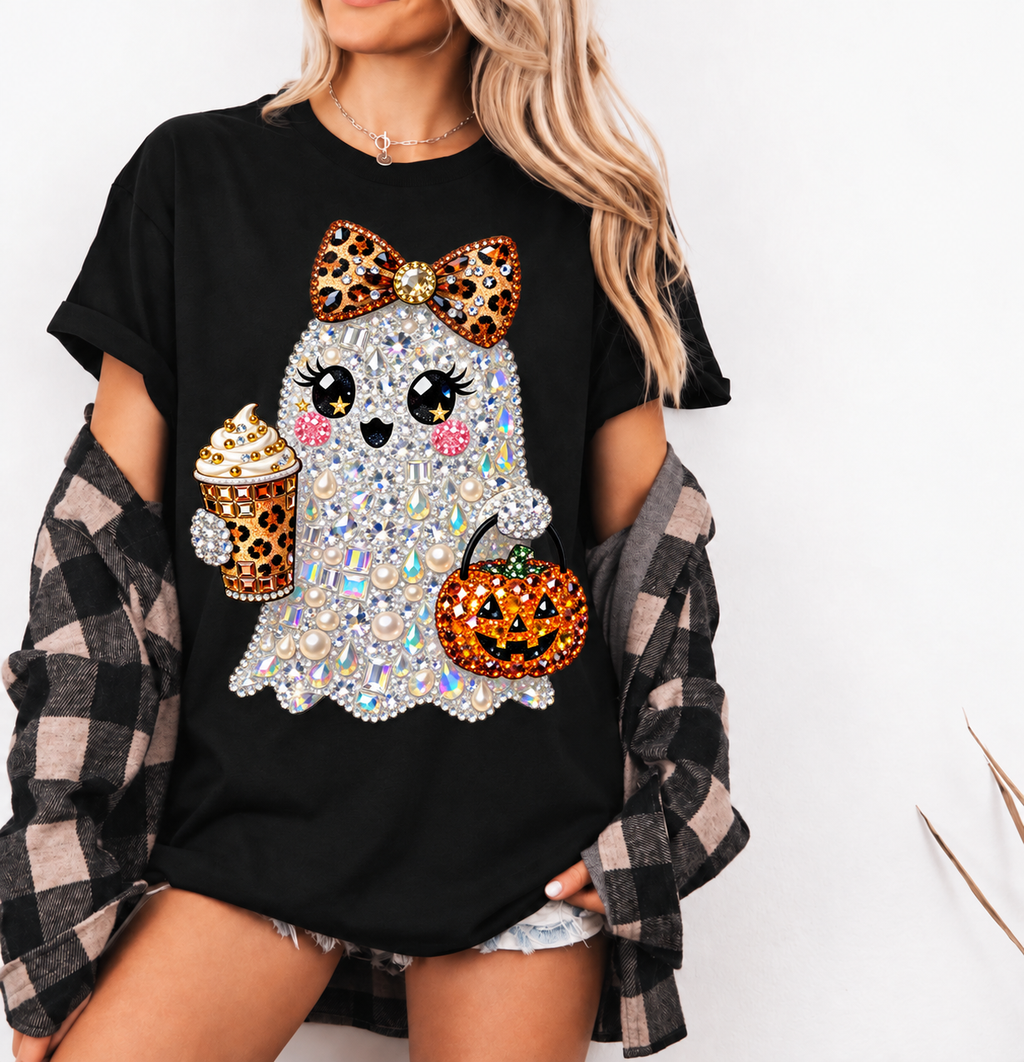 Halloween Ghost Shirt, Sparkly Leopard Bow Tee, Pumpkin Spice Coffee Graphic T-Shirt, Cute Spooky Season Top, Fall Gift for Her