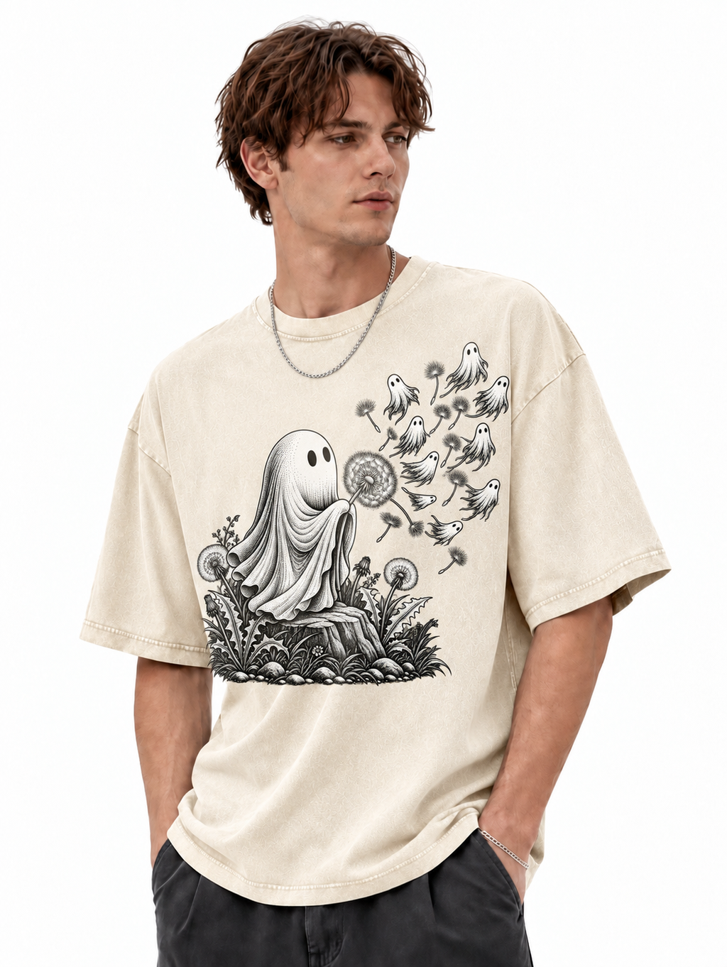 Ghost Dandelion Shirt, Spooky Floral Graphic Tee, Vintage Botanical Halloween T-Shirt, Whimsical Ghost Gift