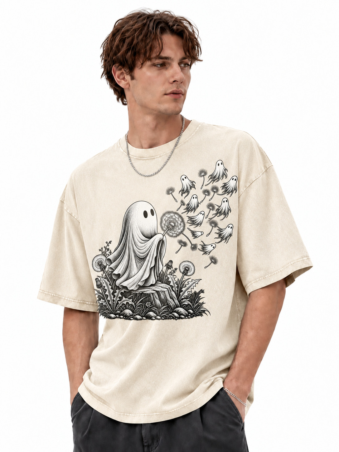 Ghost Dandelion Shirt, Spooky Floral Graphic Tee, Vintage Botanical Halloween T-Shirt, Whimsical Ghost Gift